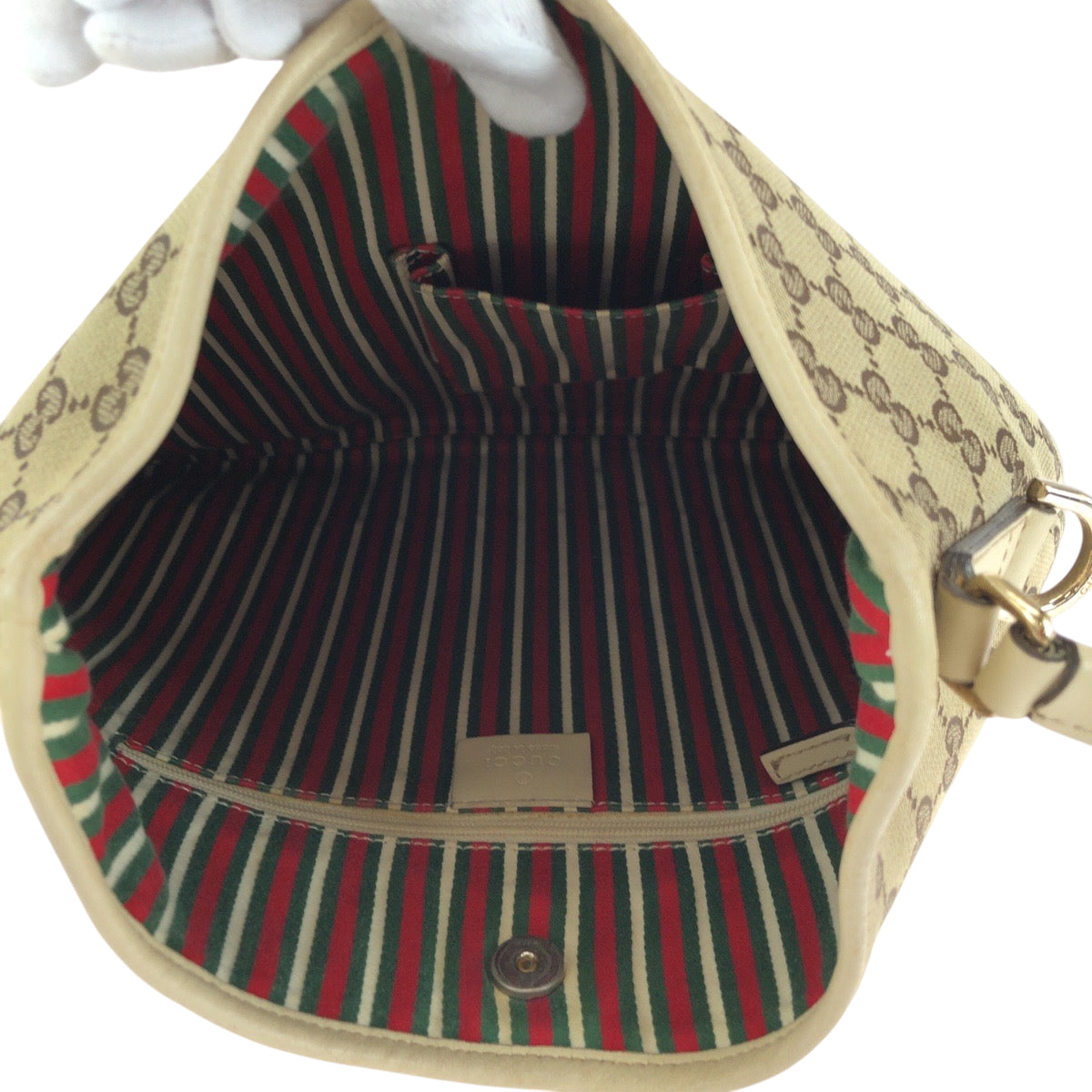 15467
GUCCI グッチ ニューブリット ベージュ アイボリー ゴールド金具 GGキャンバス 169947 ホーボー ワンショルダーバッグ 肩掛け  レディース