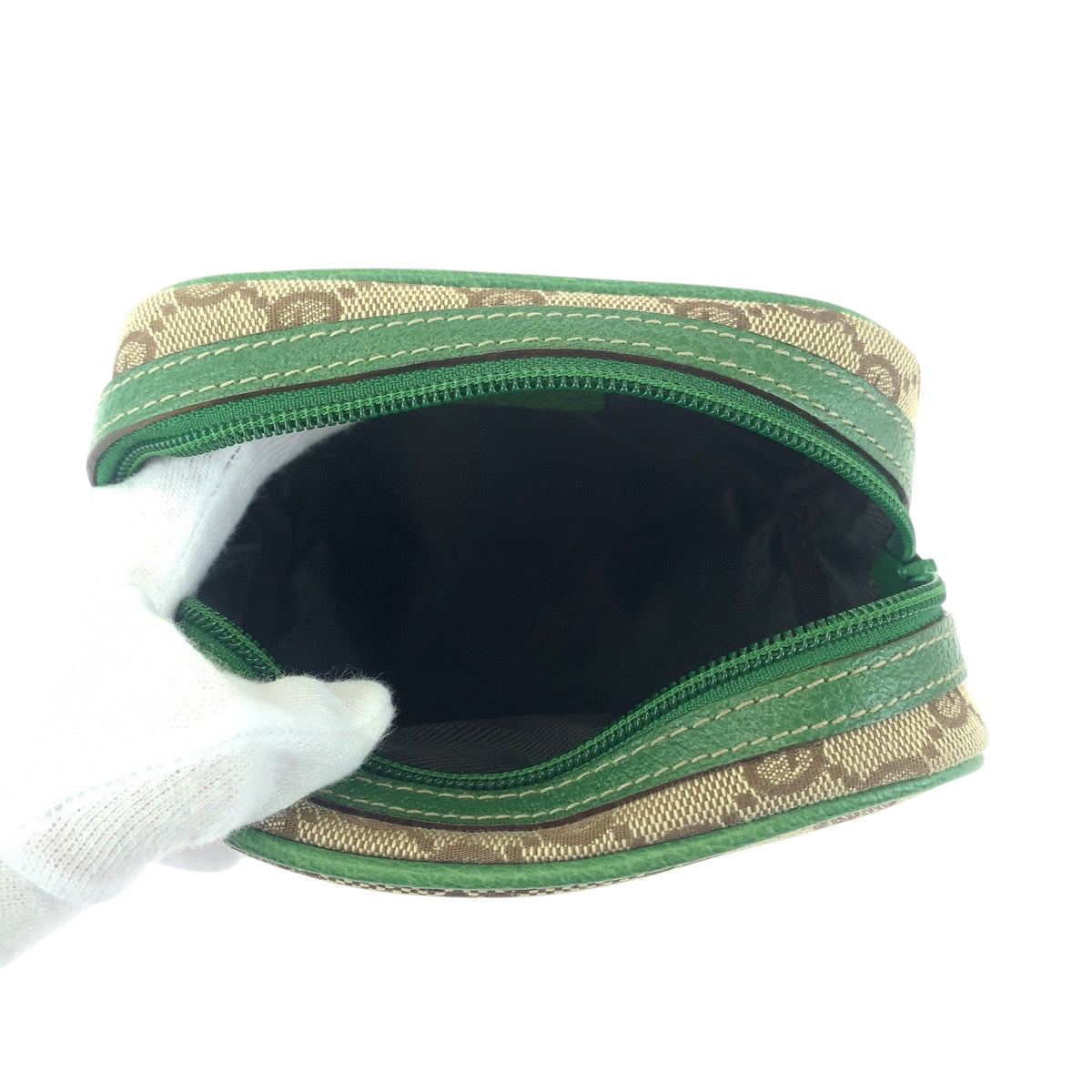 15481
GUCCI グッチ ベージュ グリーン ゴールド金具 GGキャンバス 120978 ポーチ 化粧ポーチ  レディース