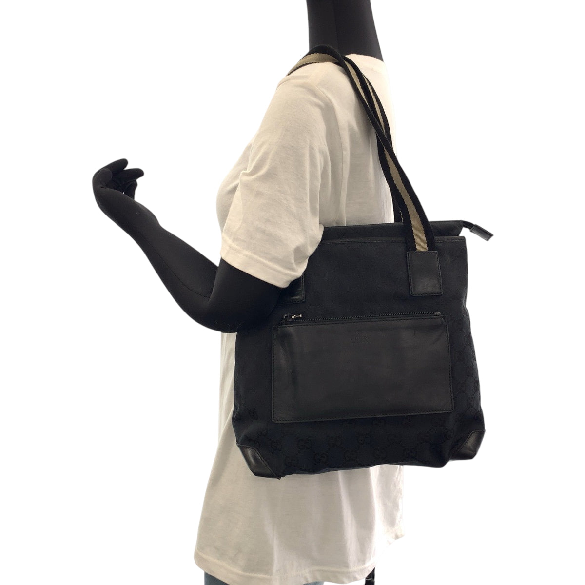 15497
GUCCI グッチ ブラック ベージュ シルバー金具 GGキャンバス 019 0402 トートバッグ ショルダーバッグ  レディース