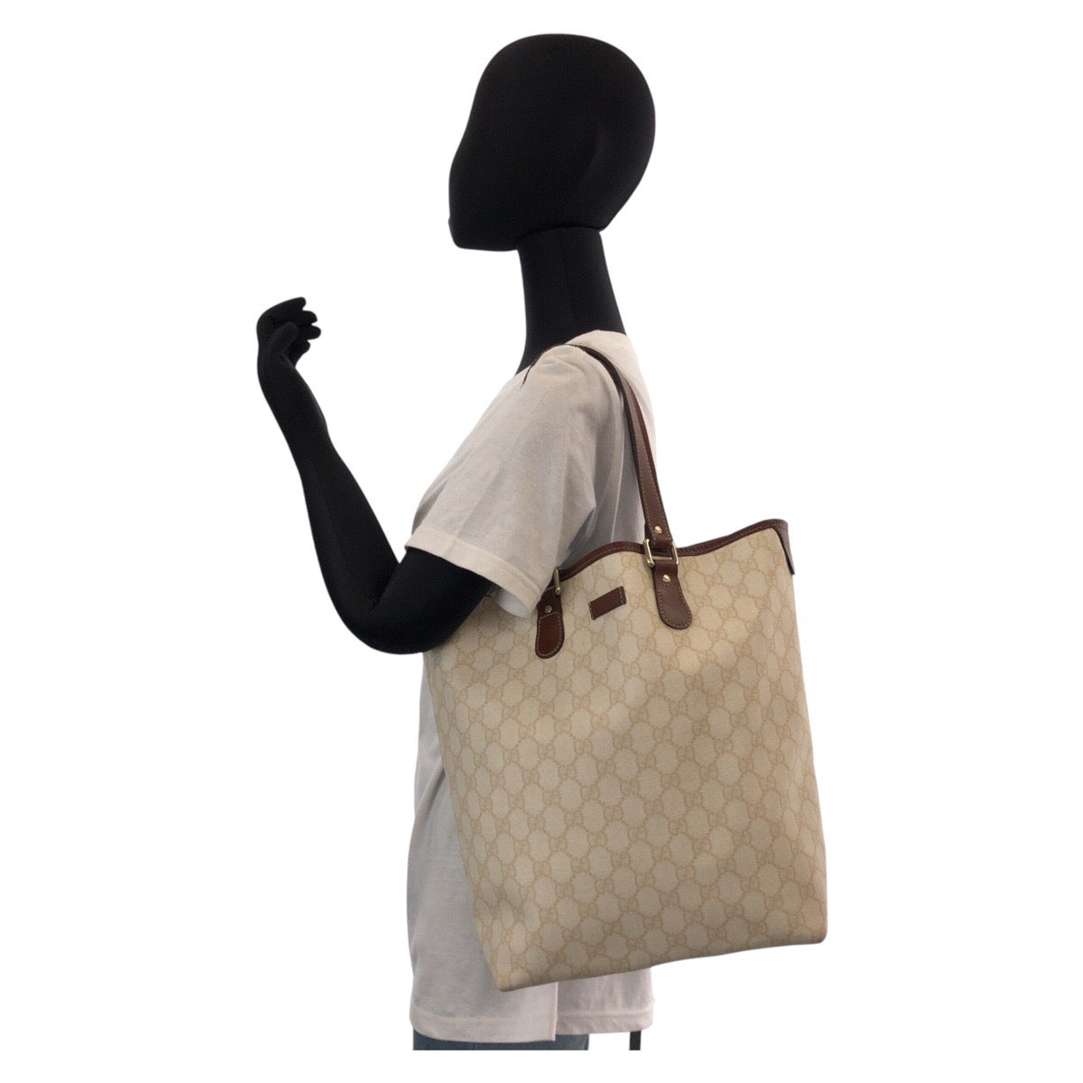 15501
GUCCI グッチ ベージュ アイボリー ブラウン ゴールド金具 GGスプリームキャンバス / レザー 189896 トートバッグ ショルダーバッグ  レディース