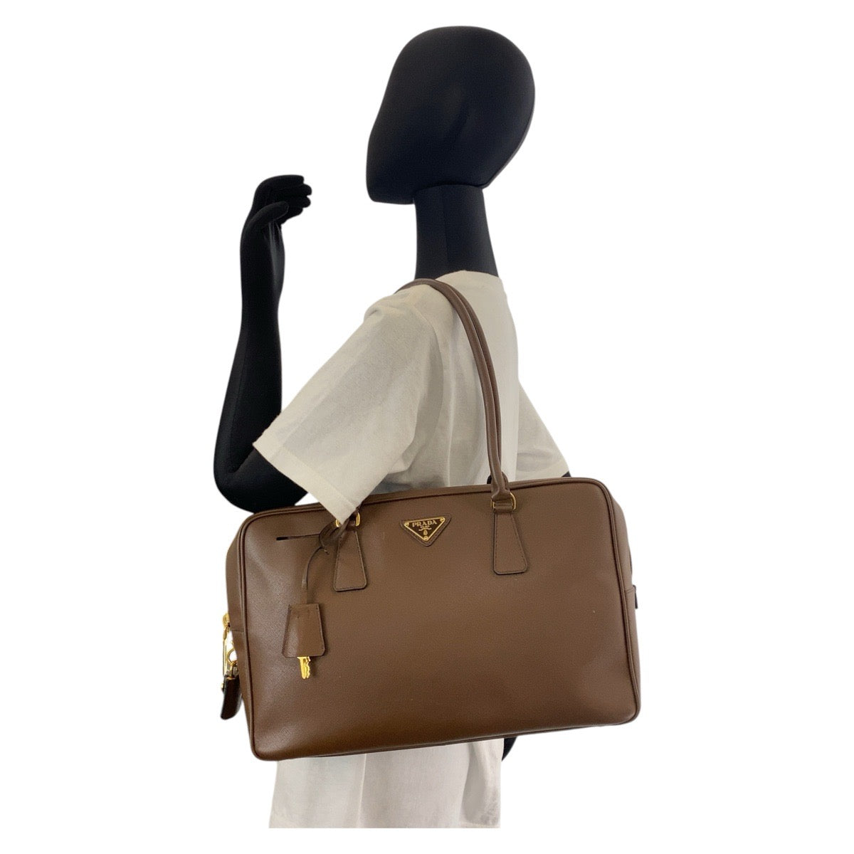 15510
PRADA プラダ 三角ロゴプレート ブラウン ゴールド金具 レザー ハンドバッグ ショルダーバッグ  レディース