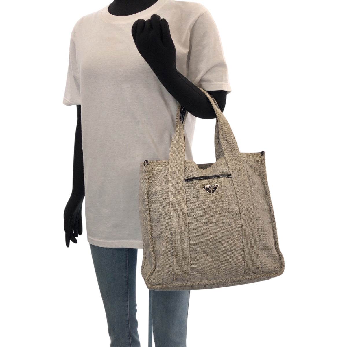 15514
PRADA プラダ 三角ロゴプレート グレー ブラック シルバー金具 キャンバス トートバッグ ハンドバッグ  レディース