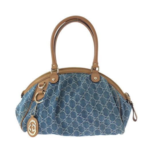 15524
GUCCI グッチ スーキー ブルー ブラウン ゴールド金具 デニム ハンドバッグ トートバッグ ショルダーバッグ  レディース