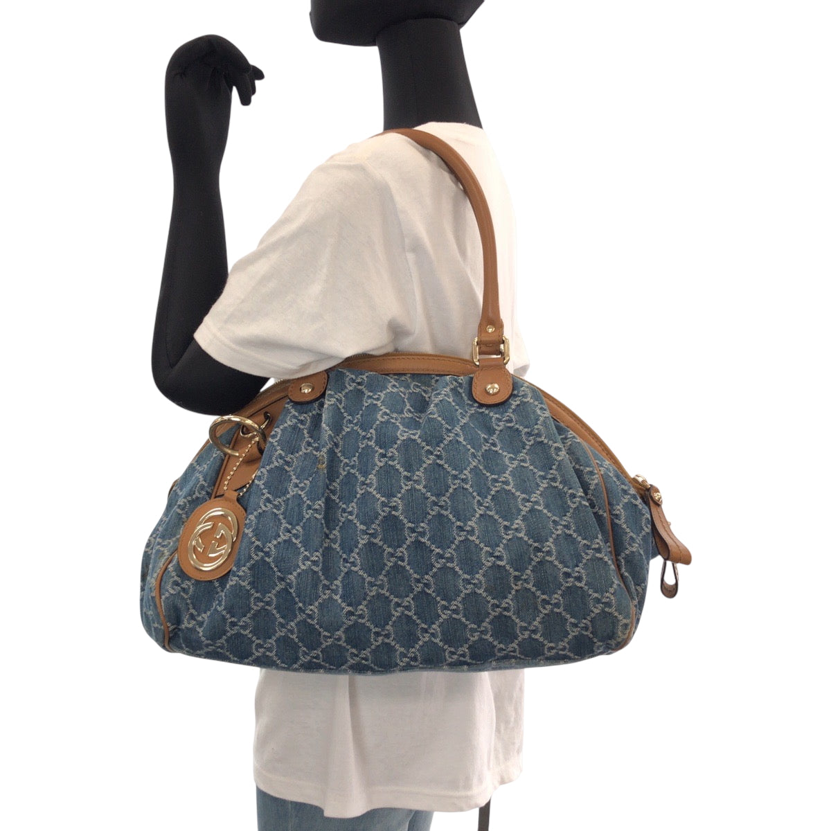 15524
GUCCI グッチ スーキー ブルー ブラウン ゴールド金具 デニム ハンドバッグ トートバッグ ショルダーバッグ  レディース