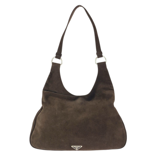 15534
PRADA プラダ 三角ロゴプレート ダークブラウン シルバー金具 スウェード ホーボー ショルダーバッグ レディース ABP
