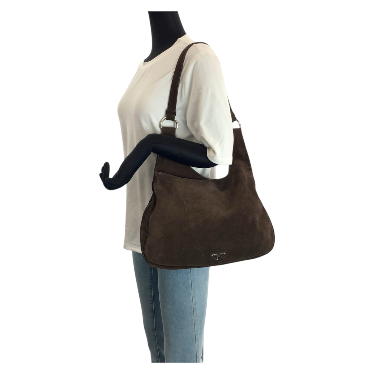 15534
PRADA プラダ 三角ロゴプレート ダークブラウン シルバー金具 スウェード ホーボー ショルダーバッグ レディース ABP