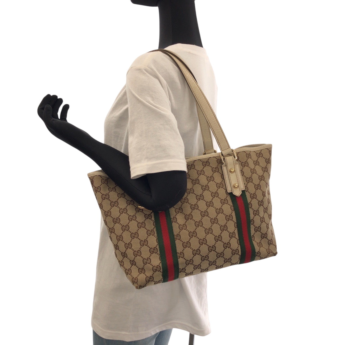 15542
GUCCI グッチ シェリーライン ベージュ アイボリー ゴールド金具 GGキャンバス 137396 トートバッグ ショルダーバッグ  レディース