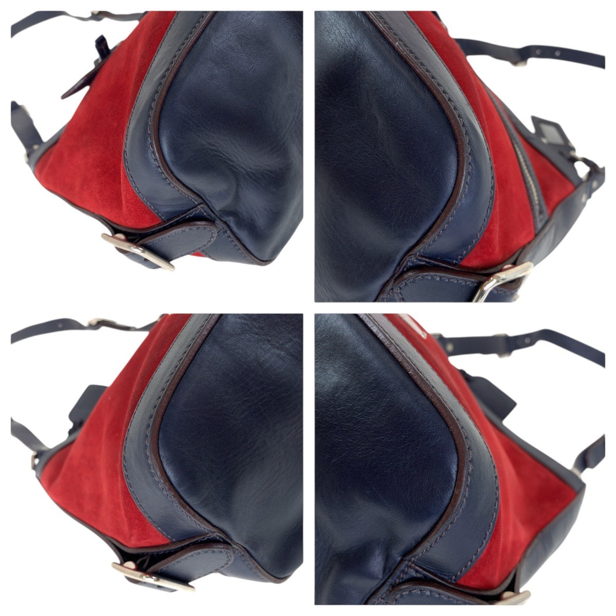 15561
PRADA プラダ 三角ロゴプレート レッド ネイビー シルバー金具 スウェード / レザー ショルダーバッグ ポシェット  レディース