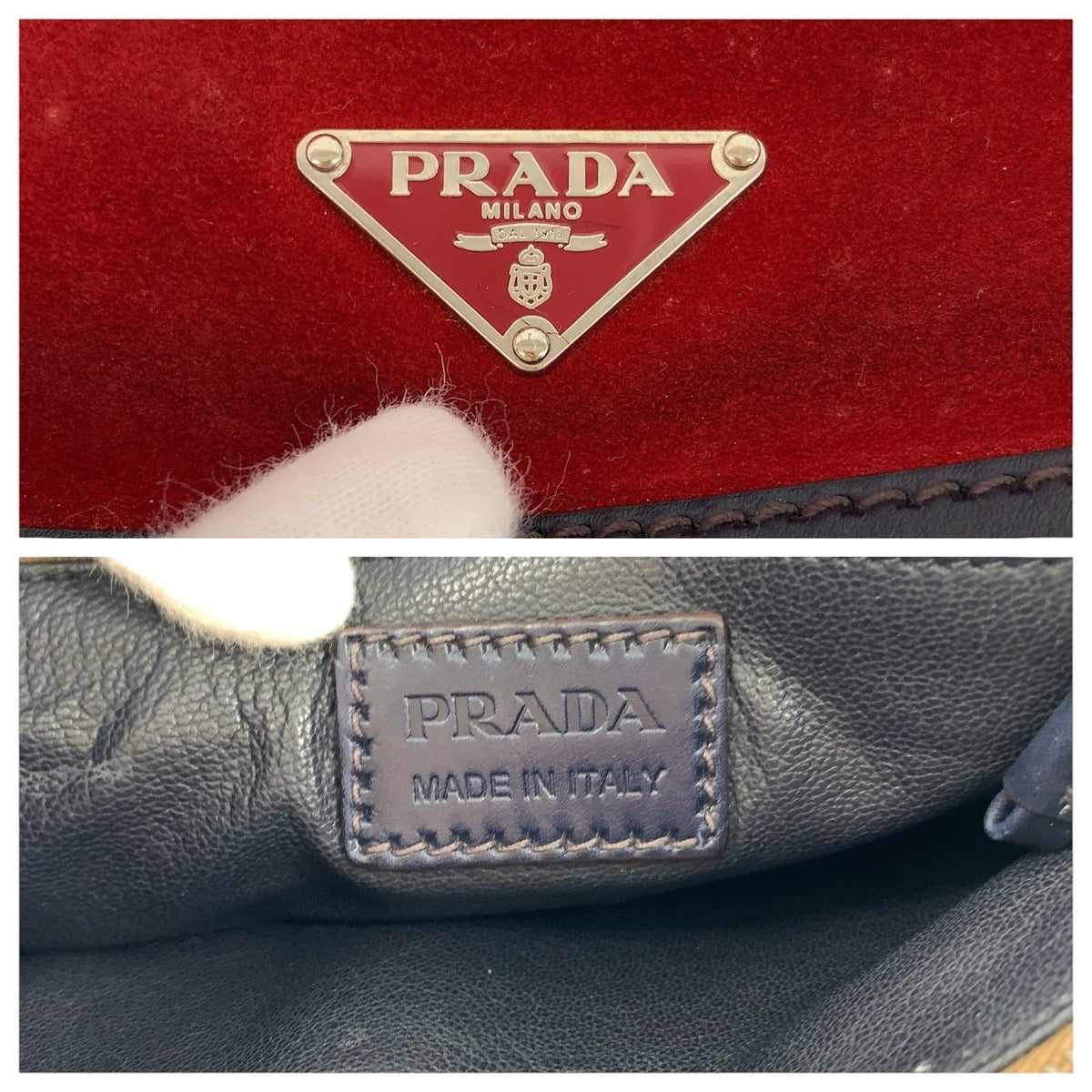 15561
PRADA プラダ 三角ロゴプレート レッド ネイビー シルバー金具 スウェード / レザー ショルダーバッグ ポシェット  レディース