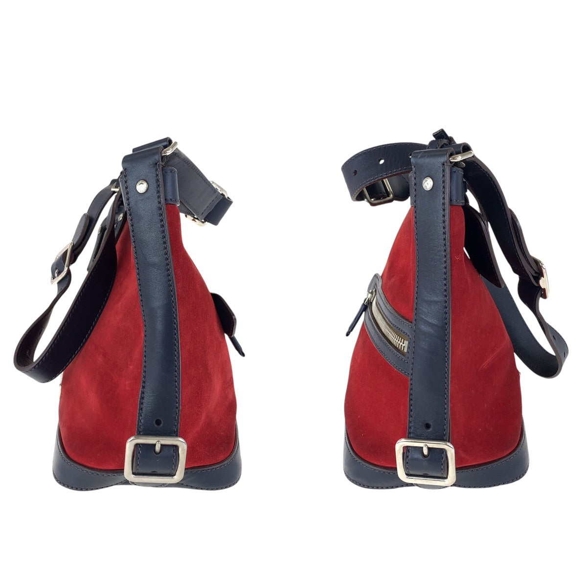 15561
PRADA プラダ 三角ロゴプレート レッド ネイビー シルバー金具 スウェード / レザー ショルダーバッグ ポシェット  レディース