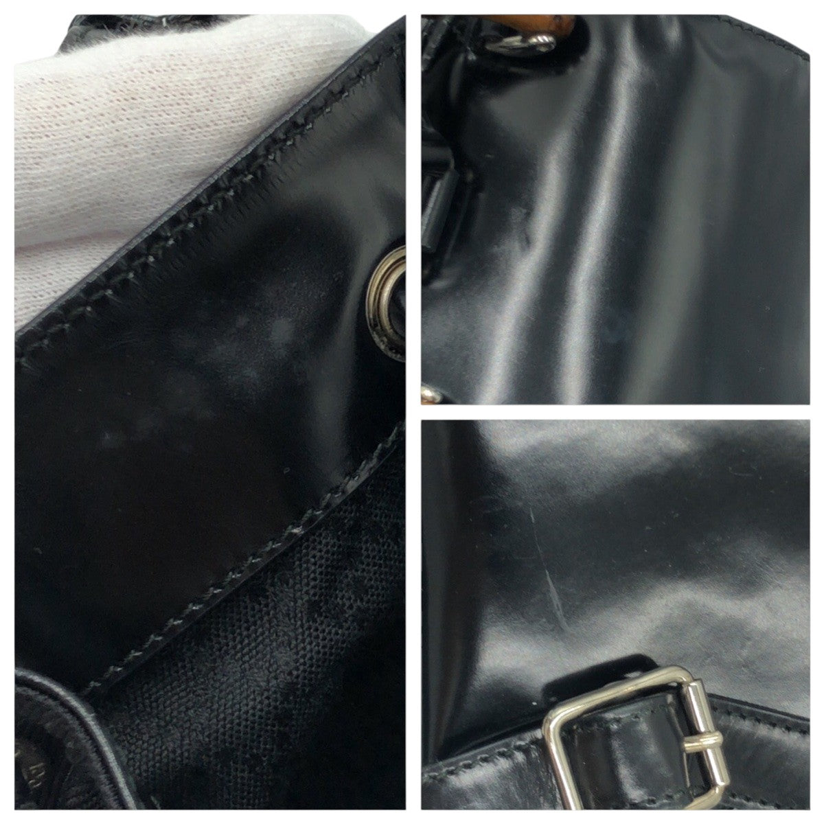 15577
GUCCI グッチ バンブー ブラック シルバー金具 ナイロン / エナメル 0032852 リュック デイパック リュックサック バックパック 男女兼用 レディース AB9999999