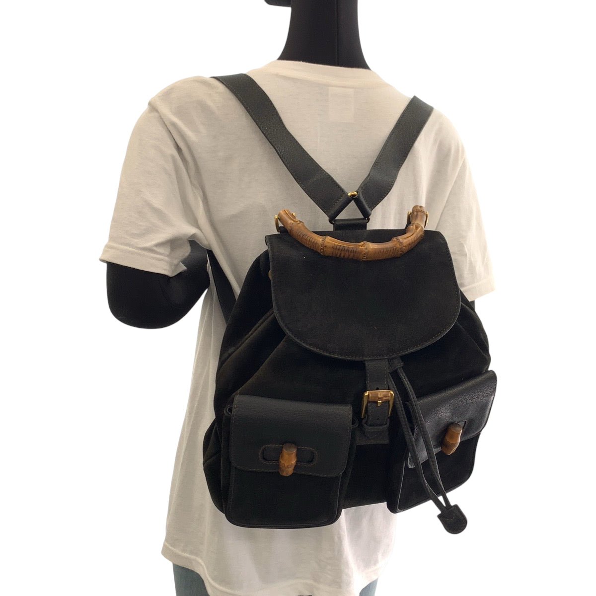 15595
GUCCI グッチ ヴィンテージ バンブー オールドグッチ ブラック 黒 ブラウン ゴールド金具 スウェード 003 58 0016 リュックサック バックパック  レディース ABP28