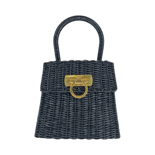 15613 
Salvatore Ferragamo Gancini Black Gold Hardware Rattan Handbag for Women