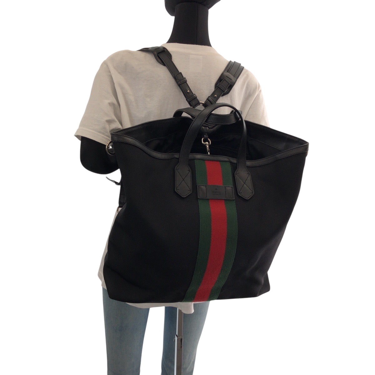15615
GUCCI グッチ シェリーライン ブラック レッド グリーン シルバー金具 キャンバス 387105 バックパック リュックサック トートバッグ 2way  メンズ
