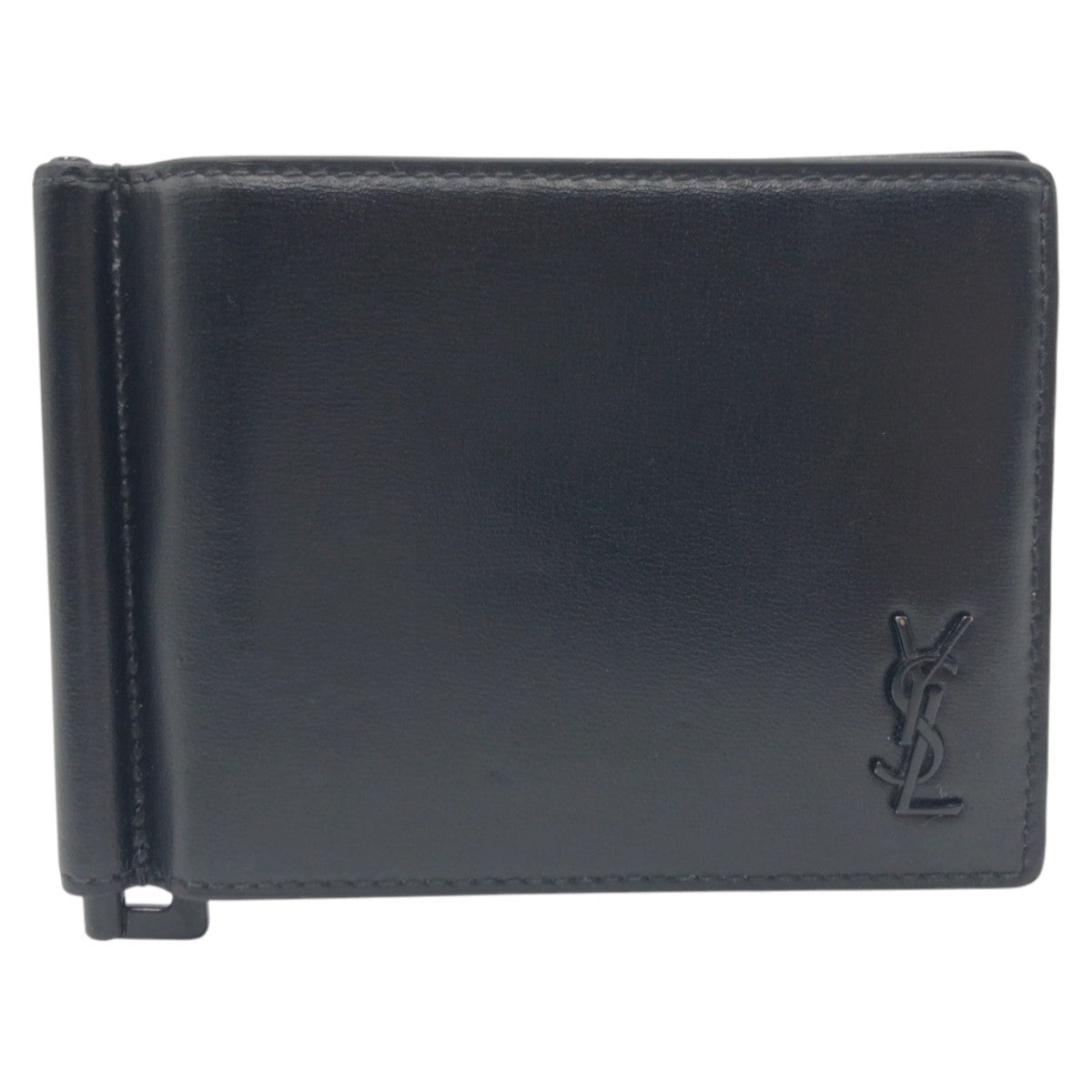 15621
 YVES SAINT LAURENT Black Leather Bi-fold Wallet, Folding Wallet, Billfold, Money Clip, Compact Wallet, Men's