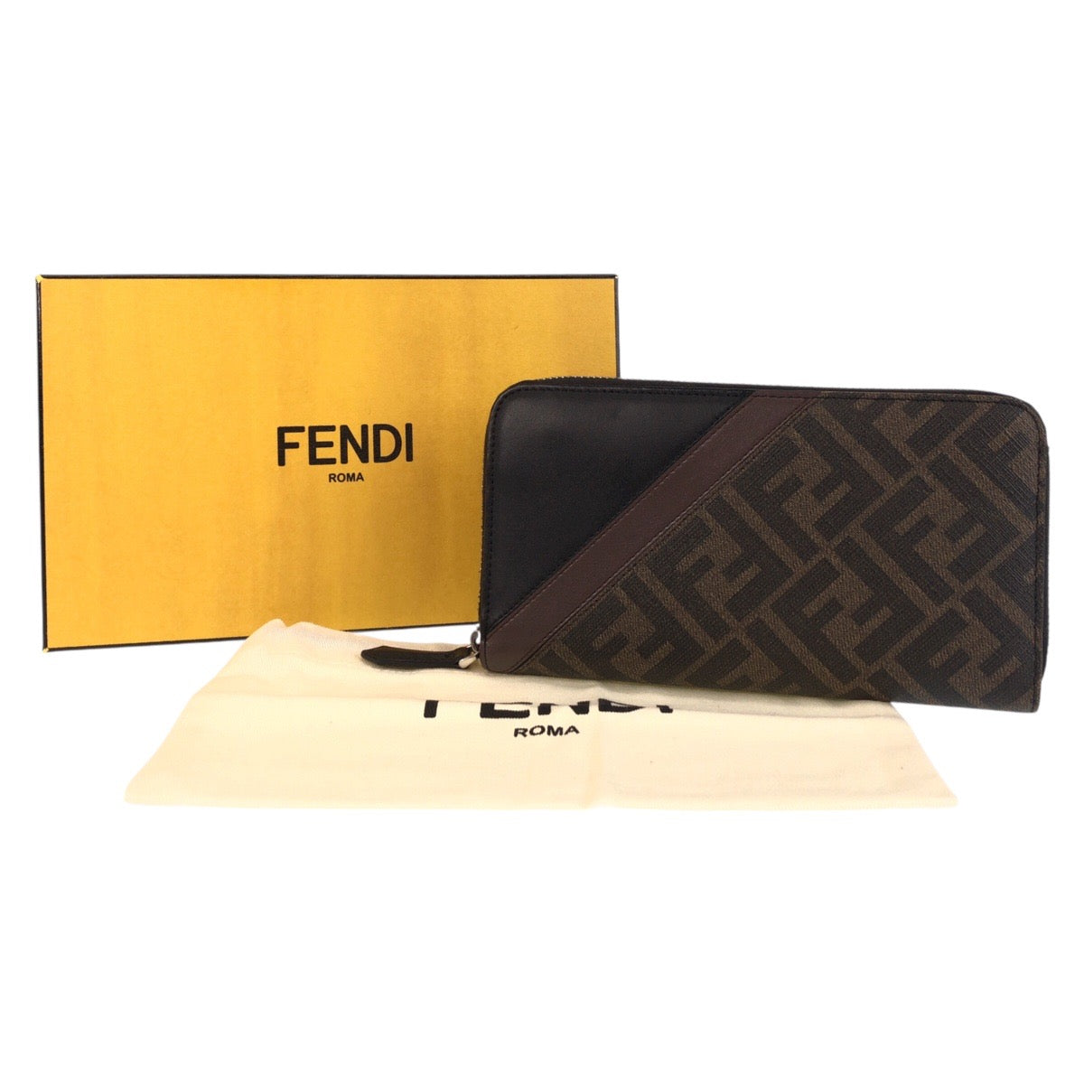 15626
FENDI フェンディ ズッカ ブラウン ブラック シルバー金具 レザー 長財布 ロングウォレット  メンズ