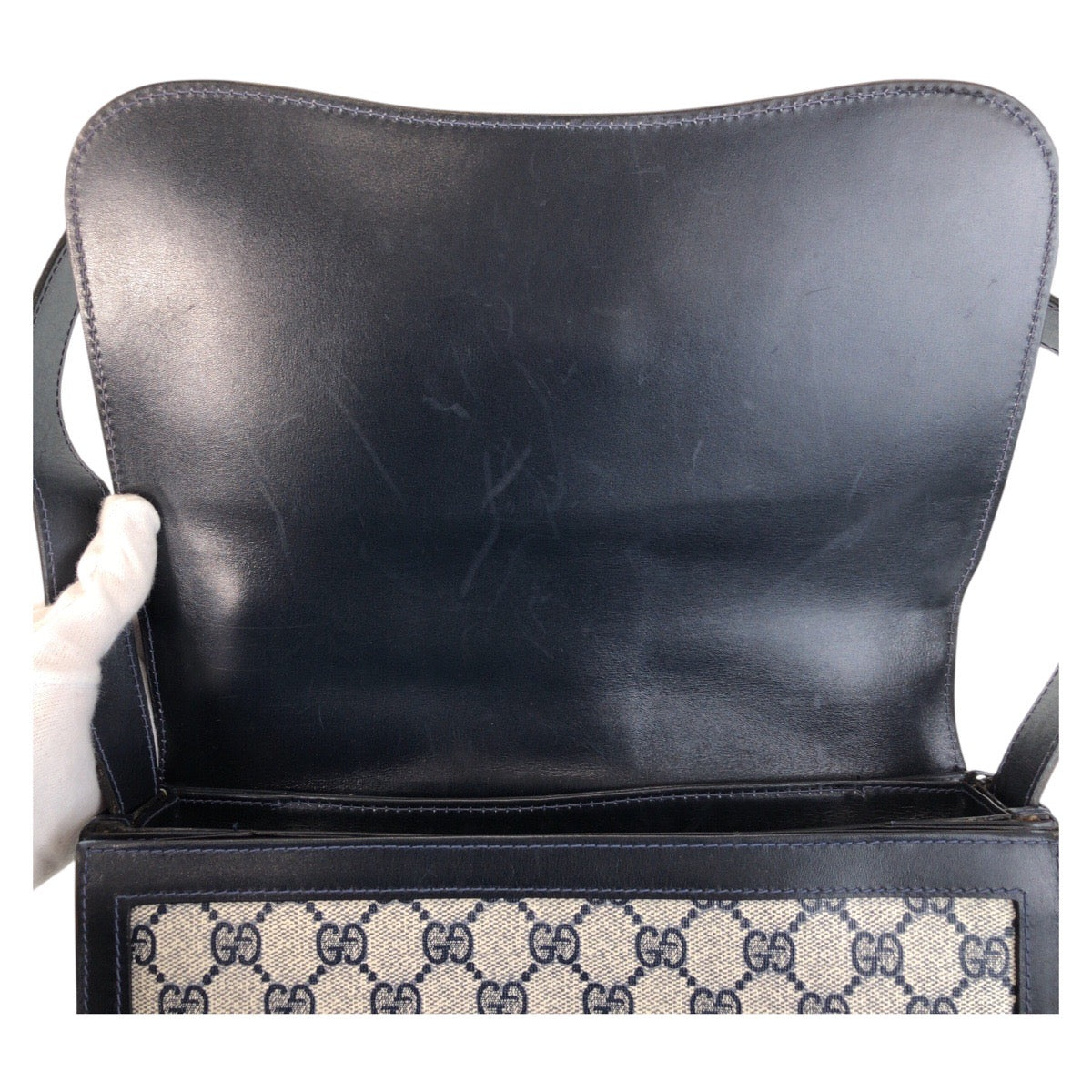 15637
GUCCI グッチ シェリーライン オールドグッチ グレー ネイビー GGスプリームキャンバス / レザー ショルダーバッグ  レディース ABP42