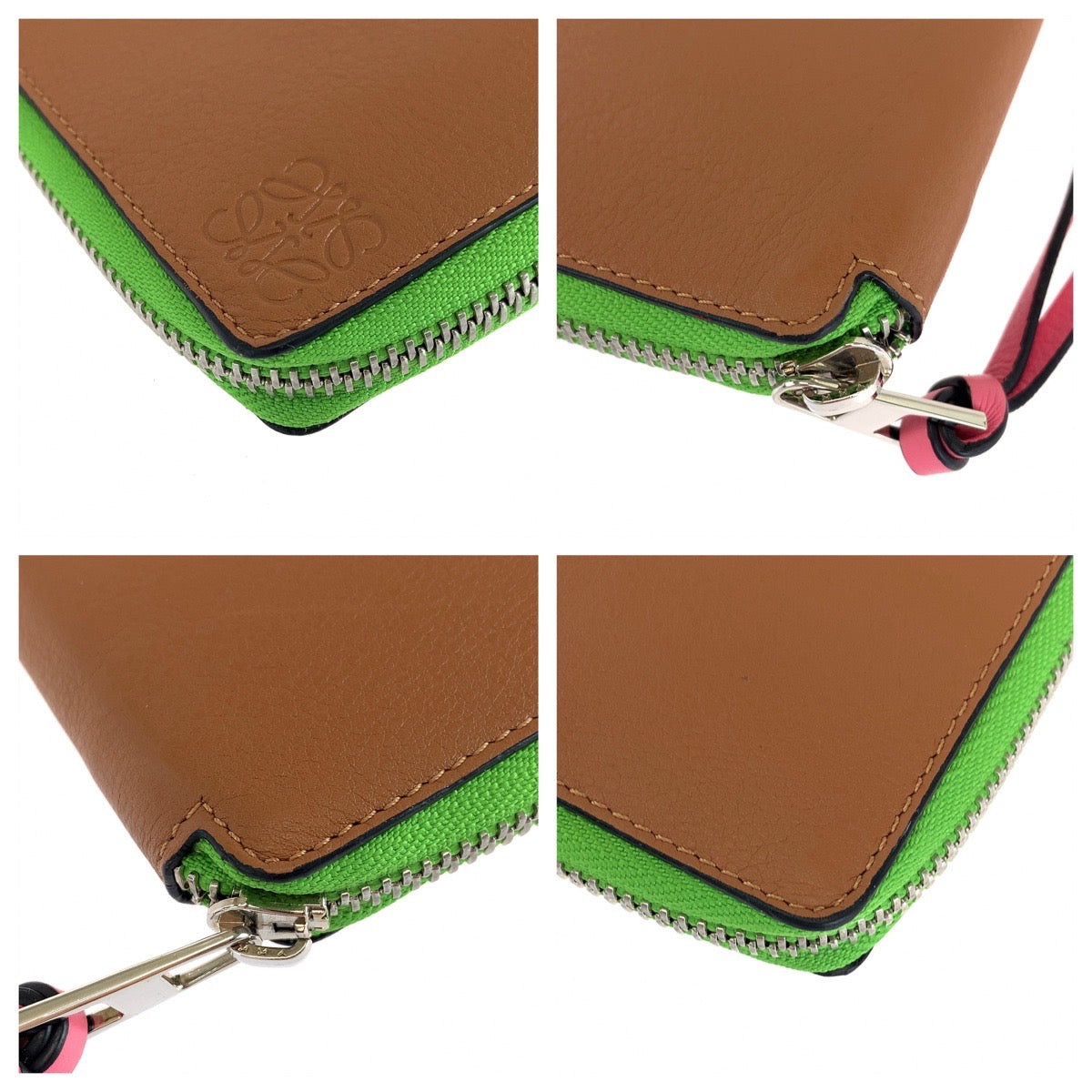 15648
LOEWE ロエベ アナグラム ブラウン グリーン ピンク シルバー金具 レザー 折財布 コンパクトウォレット  レディース