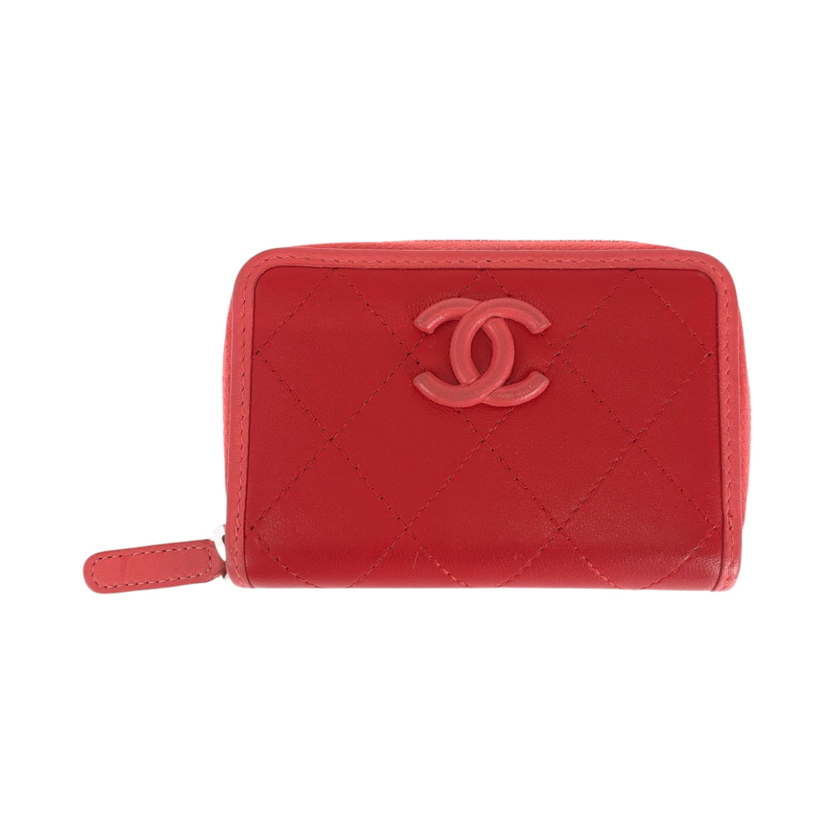 15664
 CHANEL Chanel Matelasse Coco Mark Red Pink Silver Hardware Lambskin Compact Wallet Coin Case Fragment Case Women's