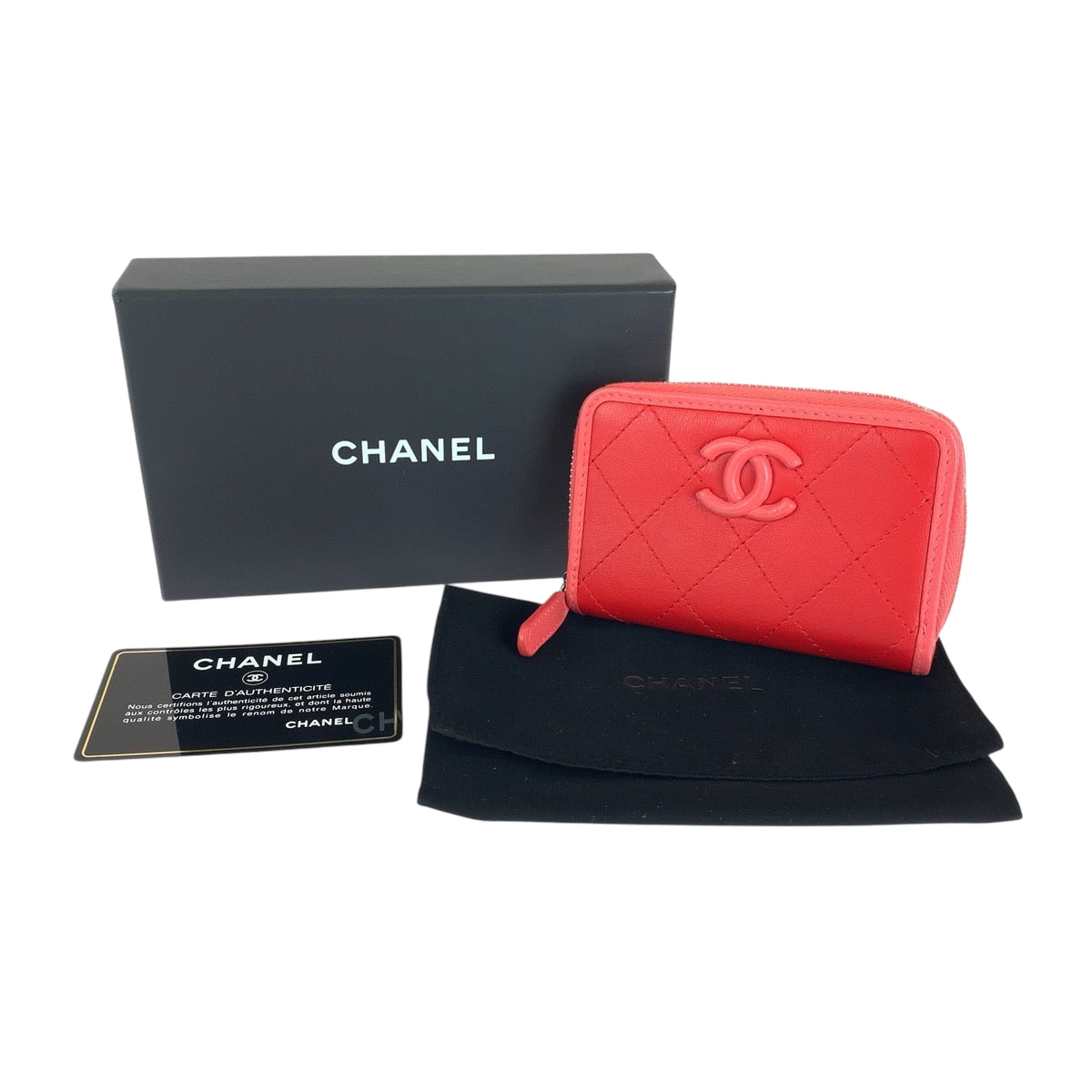 15664
 CHANEL Chanel Matelasse Coco Mark Red Pink Silver Hardware Lambskin Compact Wallet Coin Case Fragment Case Women's