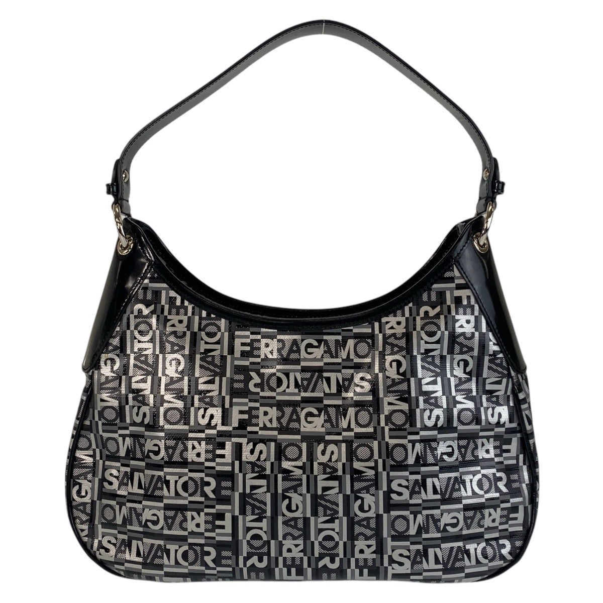 15681
Salvatore Ferragamo サルヴァトーレフェラガモ ブラック 黒 グレー シルバー金具 PVC ショルダーバッグ レディース SA38