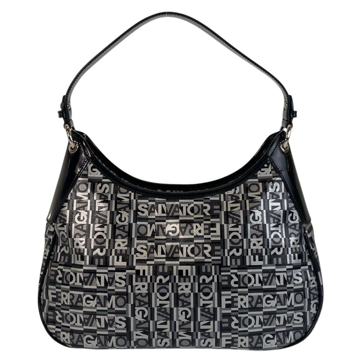 15681
Salvatore Ferragamo サルヴァトーレフェラガモ ブラック 黒 グレー シルバー金具 PVC ショルダーバッグ レディース SA38