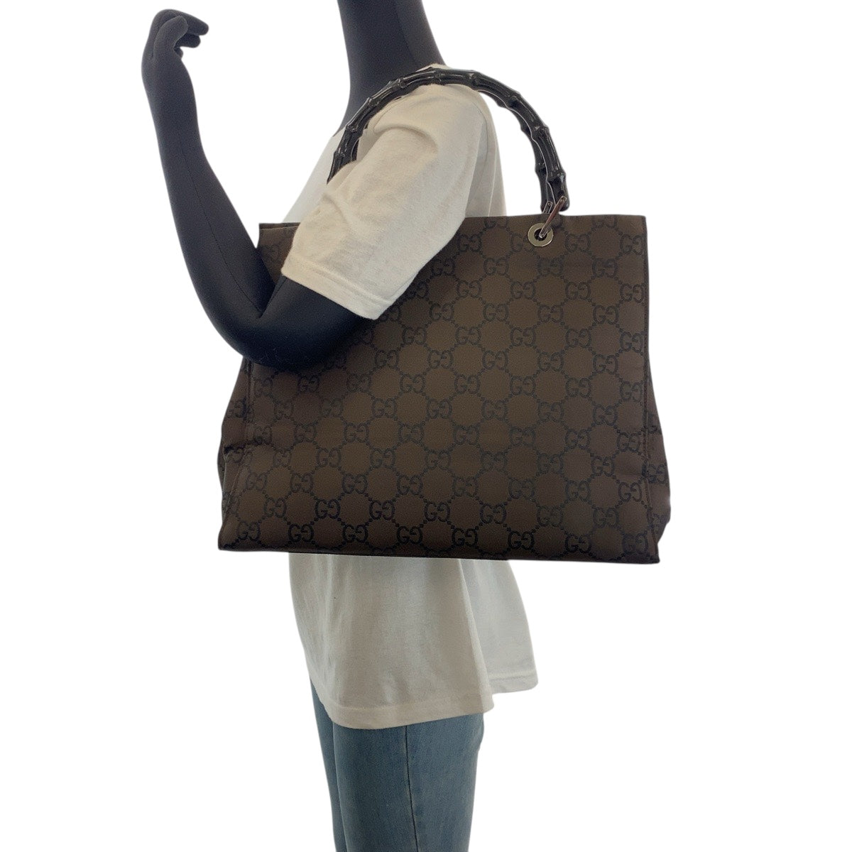 15693
GUCCI グッチ バンブー ブラウン ブラック シルバー金具 GGキャンバス 002 1010 トートバッグ ハンドバッグ  レディース