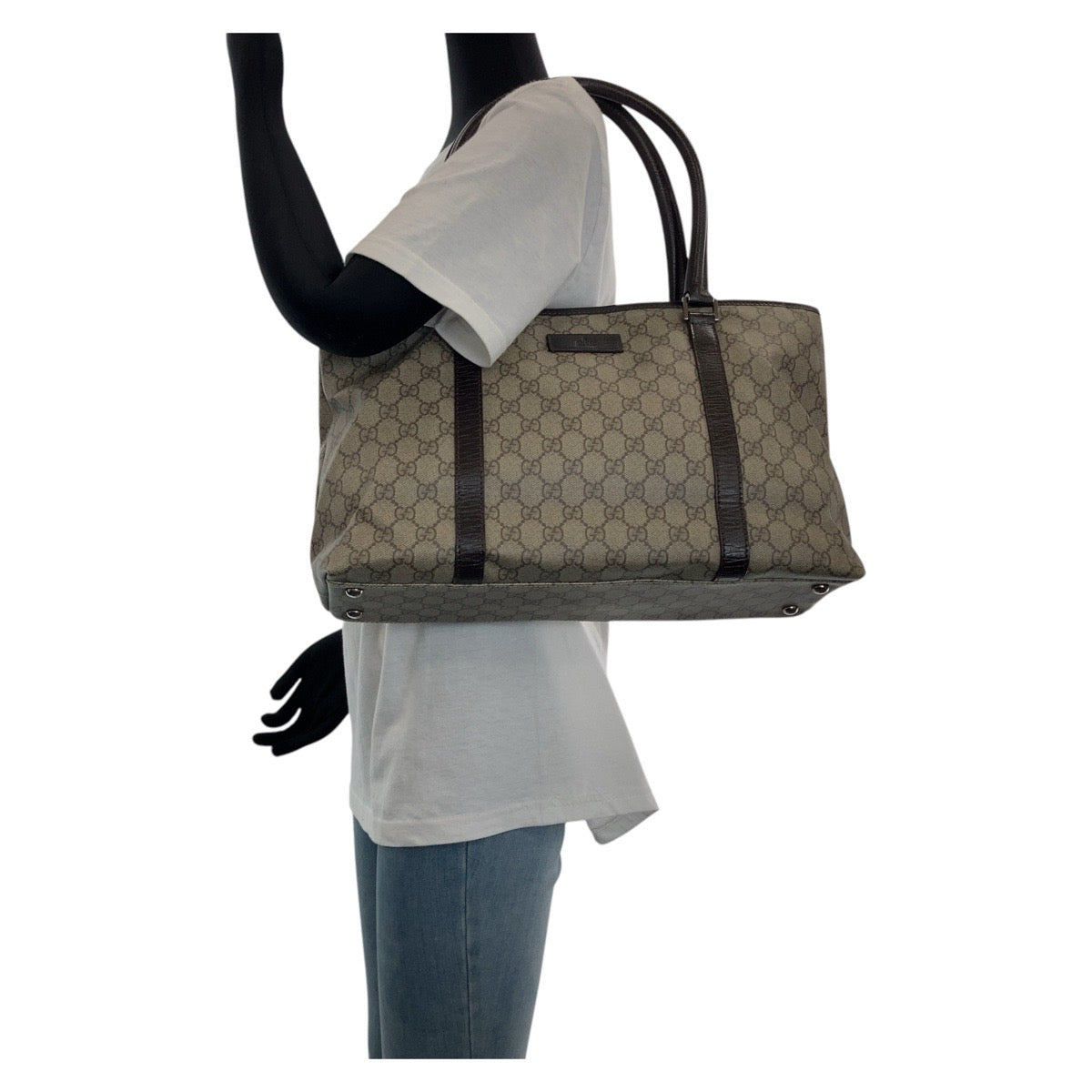 15705
GUCCI グッチ ブラウン グレー シルバー金具 GGスプリームキャンバス / レザー 114595 トートバッグ ショルダーバッグ  レディース