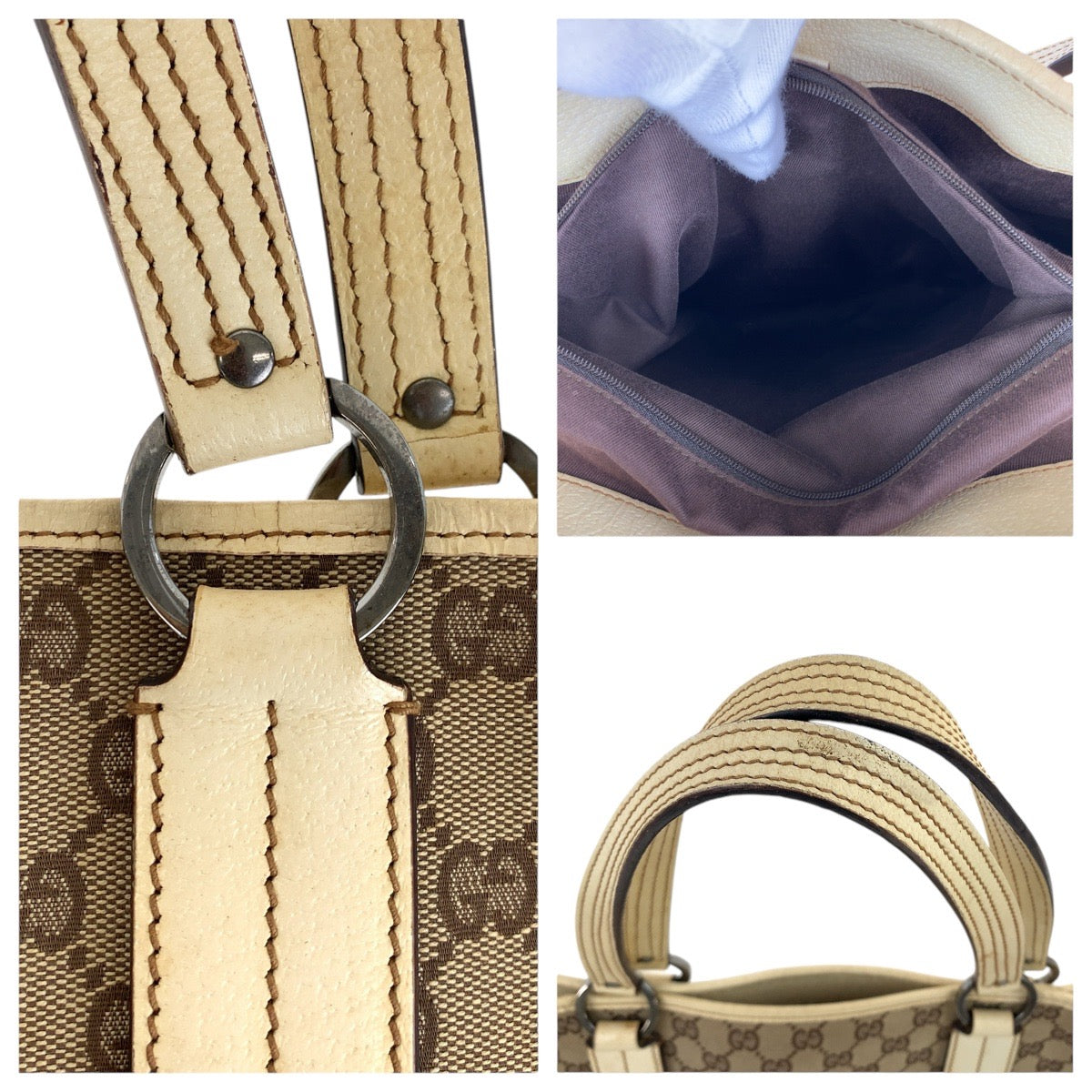 15744
GUCCI グッチ ブラウン ホワイト シルバー金具 GGキャンバス / レザー 113022 トートバッグ ショルダーバッグ  レディース