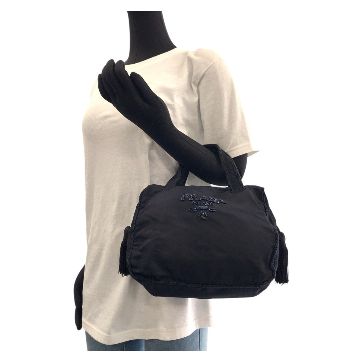 15760
PRADA プラダ テスート ビジュー フリンジ ネイビー ゴールド金具 ナイロン トートバッグ ハンドバッグ  レディース ABP29