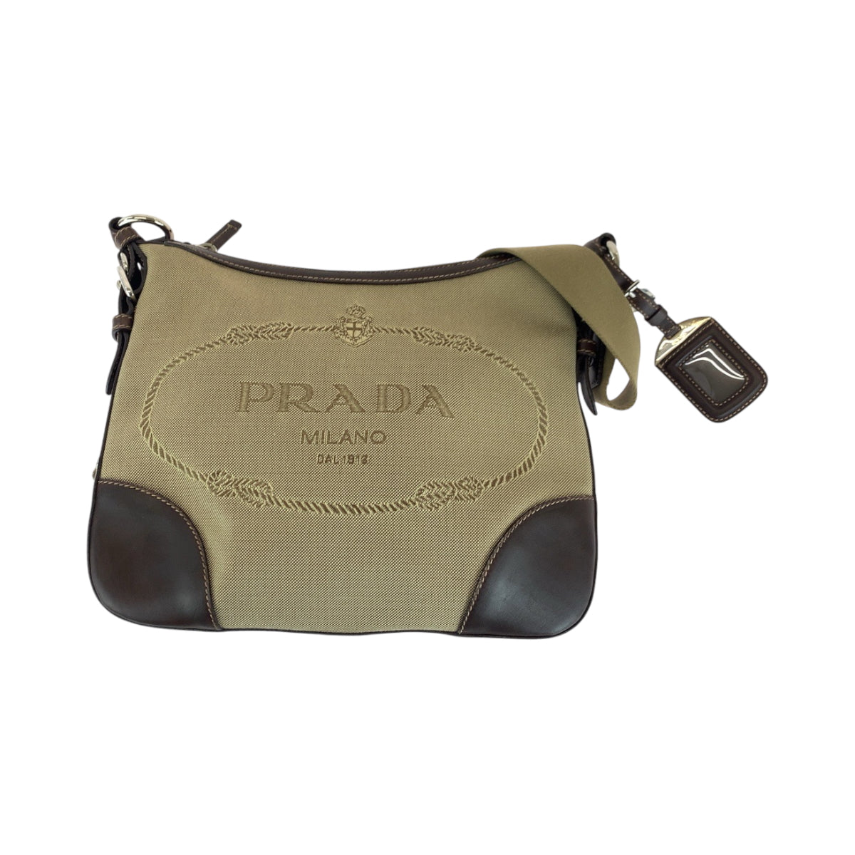 15766
PRADA プラダ ロゴジャガード ベージュ ブラウン シルバー金具 キャンバス BT0534 ショルダーバッグ ポシェット  レディース