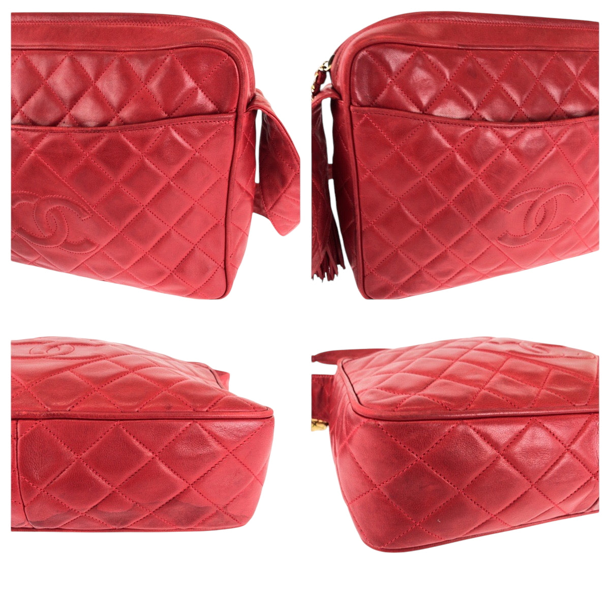 15782
CHANEL シャネル ヴィンテージ マトラッセ ココマーク タッセル フリンジ レッド ゴールド金具 ラムスキン ショルダーバッグ ポシェット  レディース AB82