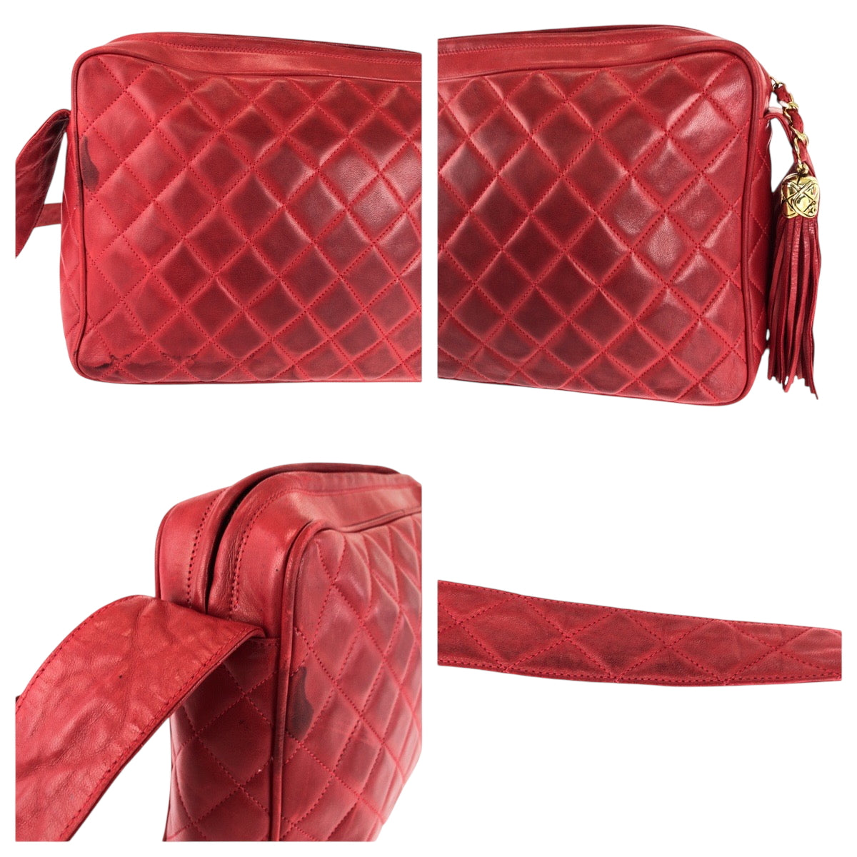 15782
CHANEL シャネル ヴィンテージ マトラッセ ココマーク タッセル フリンジ レッド ゴールド金具 ラムスキン ショルダーバッグ ポシェット  レディース AB82