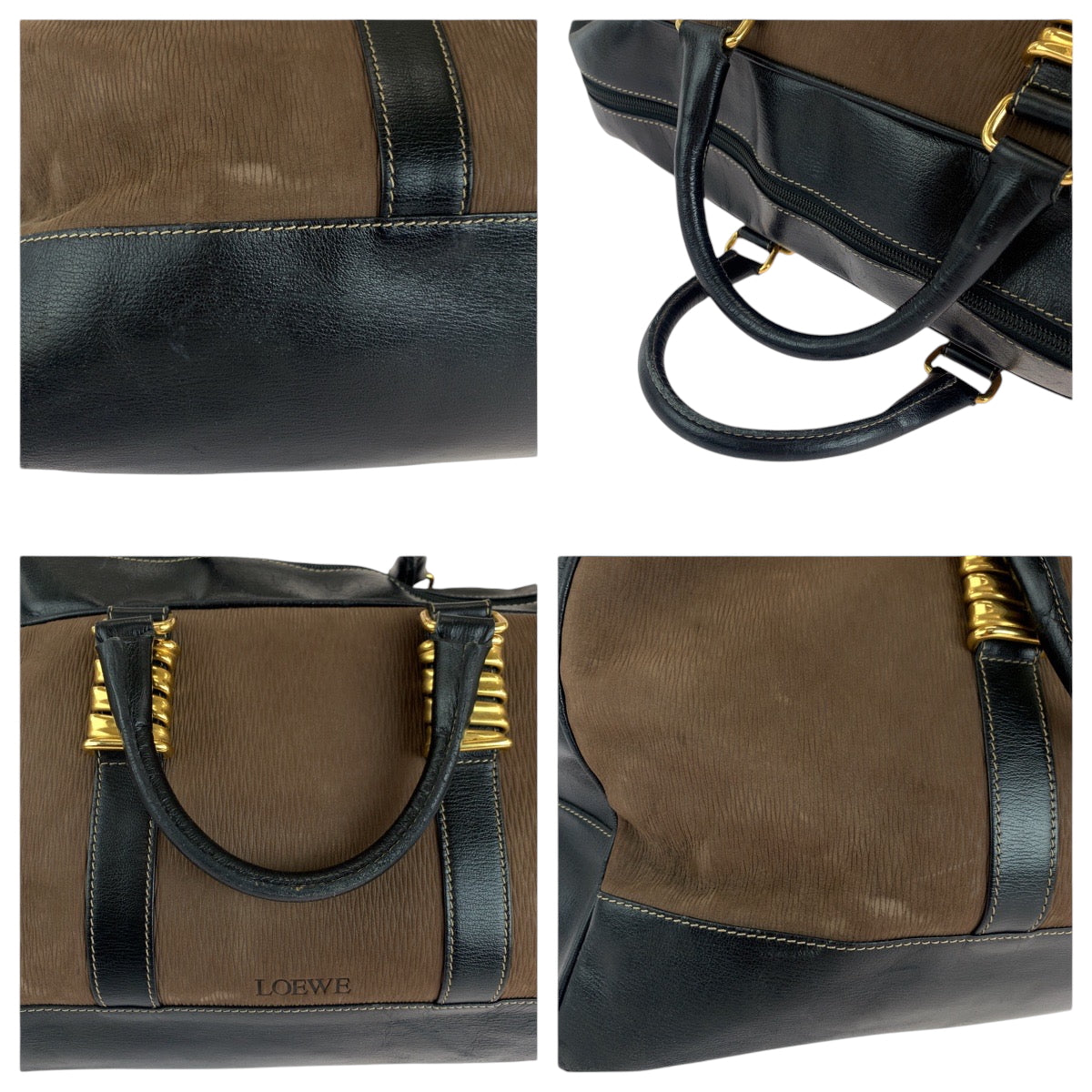 15786
LOEWE ロエベ ヴィンテージ ベラスケス ブラウン ブラック ゴールド金具 スウェード ボストンバッグ ハンドバッグ  レディース