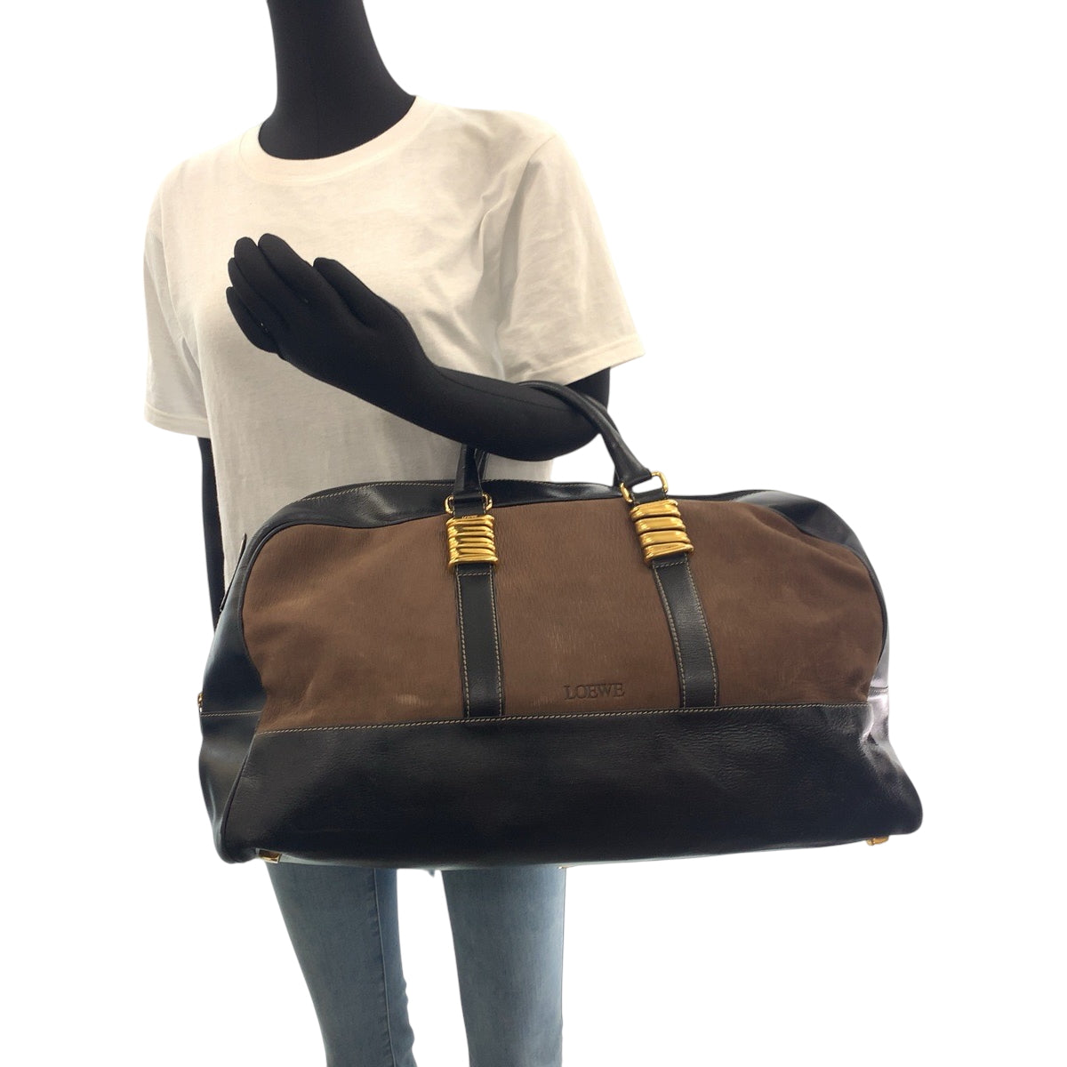 15786
LOEWE ロエベ ヴィンテージ ベラスケス ブラウン ブラック ゴールド金具 スウェード ボストンバッグ ハンドバッグ  レディース