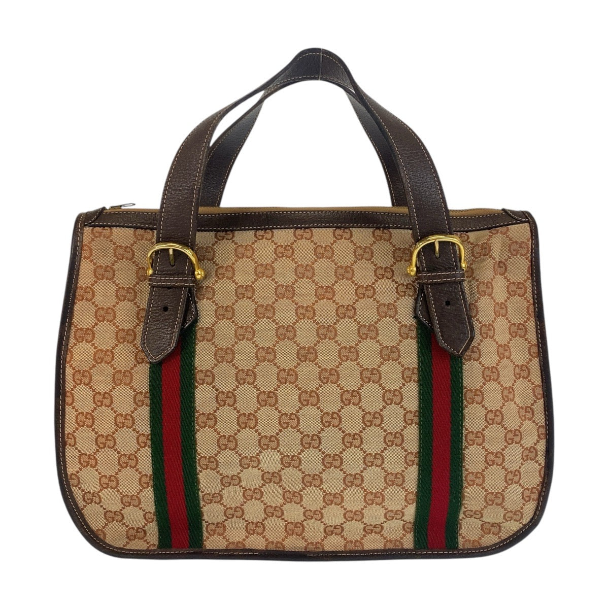 15858
 GUCCI Gucci Sherry Line Old Gucci Beige Brown Gold Hardware GG Canvas/Leather Handbag Women's
