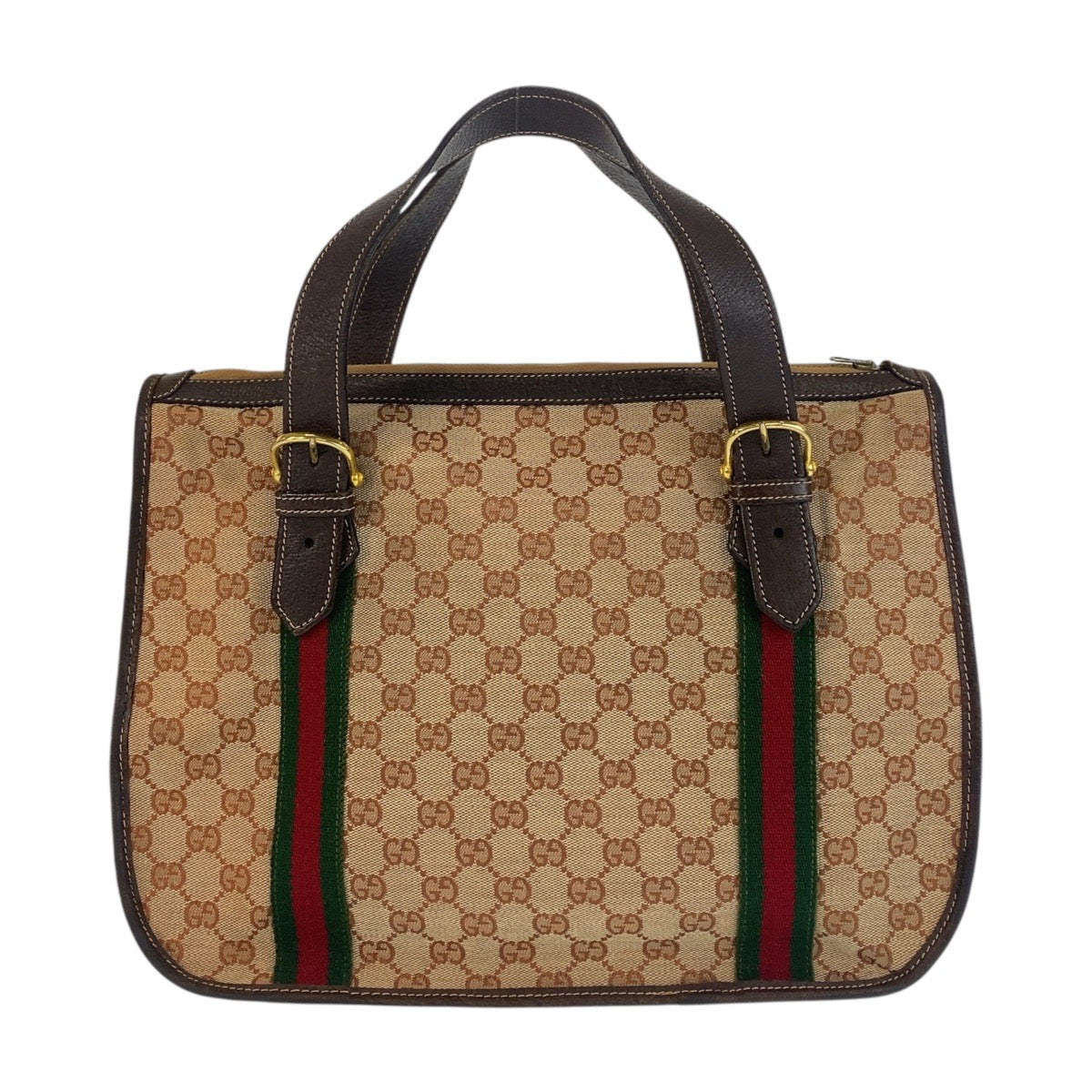 15858
 GUCCI Gucci Sherry Line Old Gucci Beige Brown Gold Hardware GG Canvas/Leather Handbag Women's