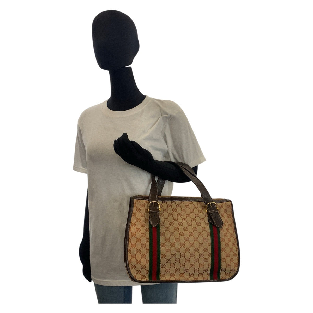 15858
 GUCCI Gucci Sherry Line Old Gucci Beige Brown Gold Hardware GG Canvas/Leather Handbag Women's