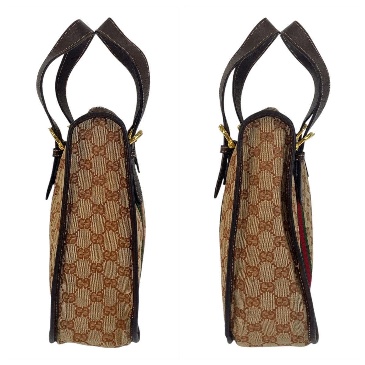 15858
 GUCCI Gucci Sherry Line Old Gucci Beige Brown Gold Hardware GG Canvas/Leather Handbag Women's