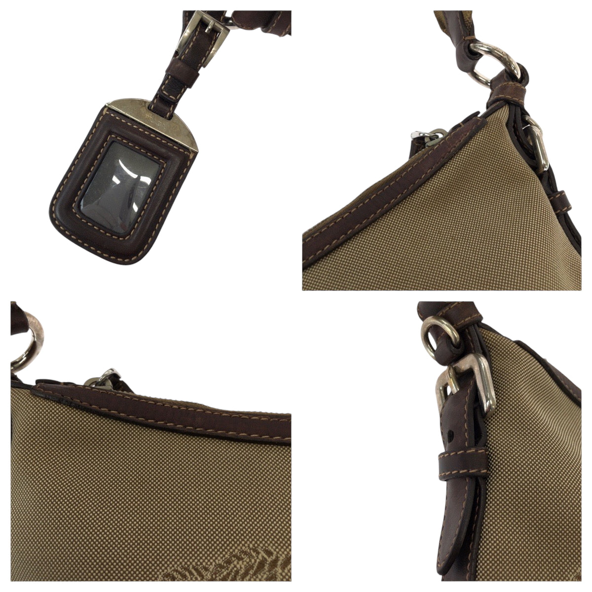 15863
PRADA プラダ ロゴジャガード ブラウン シルバー金具 キャンバス ショルダーバッグ ポシェット レディース AB40