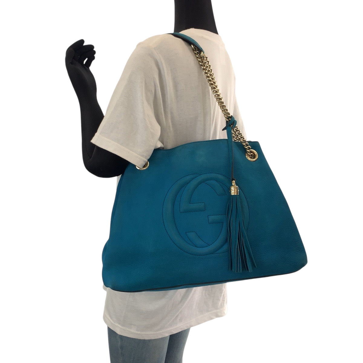 15866
GUCCI グッチ ソーホー ブルー ゴールド金具 レザー 308982 チェーントートバッグ ショルダーバッグ  レディース ABP64