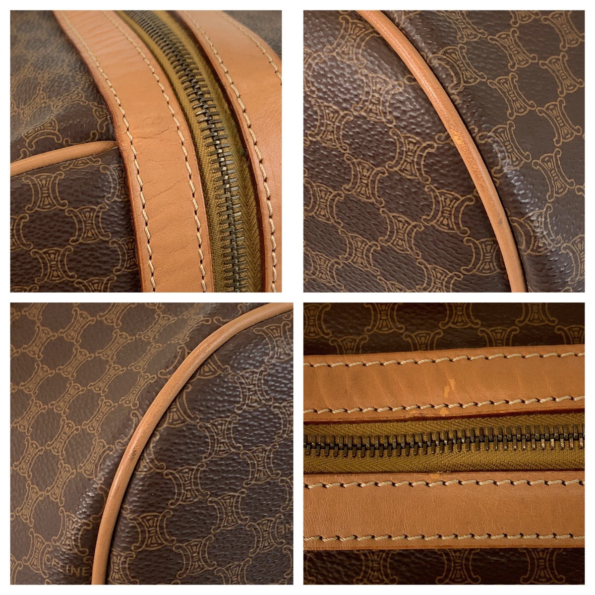 15885
CELINE セリーヌ マカダム ブラウン ゴールド金具 PVC / レザー ボストンバッグ 旅行カバン  レディース