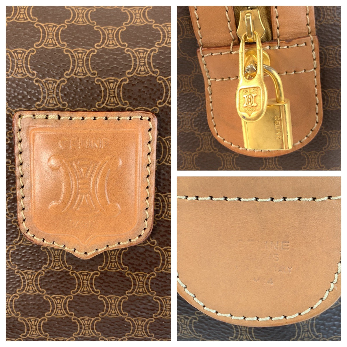 15885
CELINE セリーヌ マカダム ブラウン ゴールド金具 PVC / レザー ボストンバッグ 旅行カバン  レディース