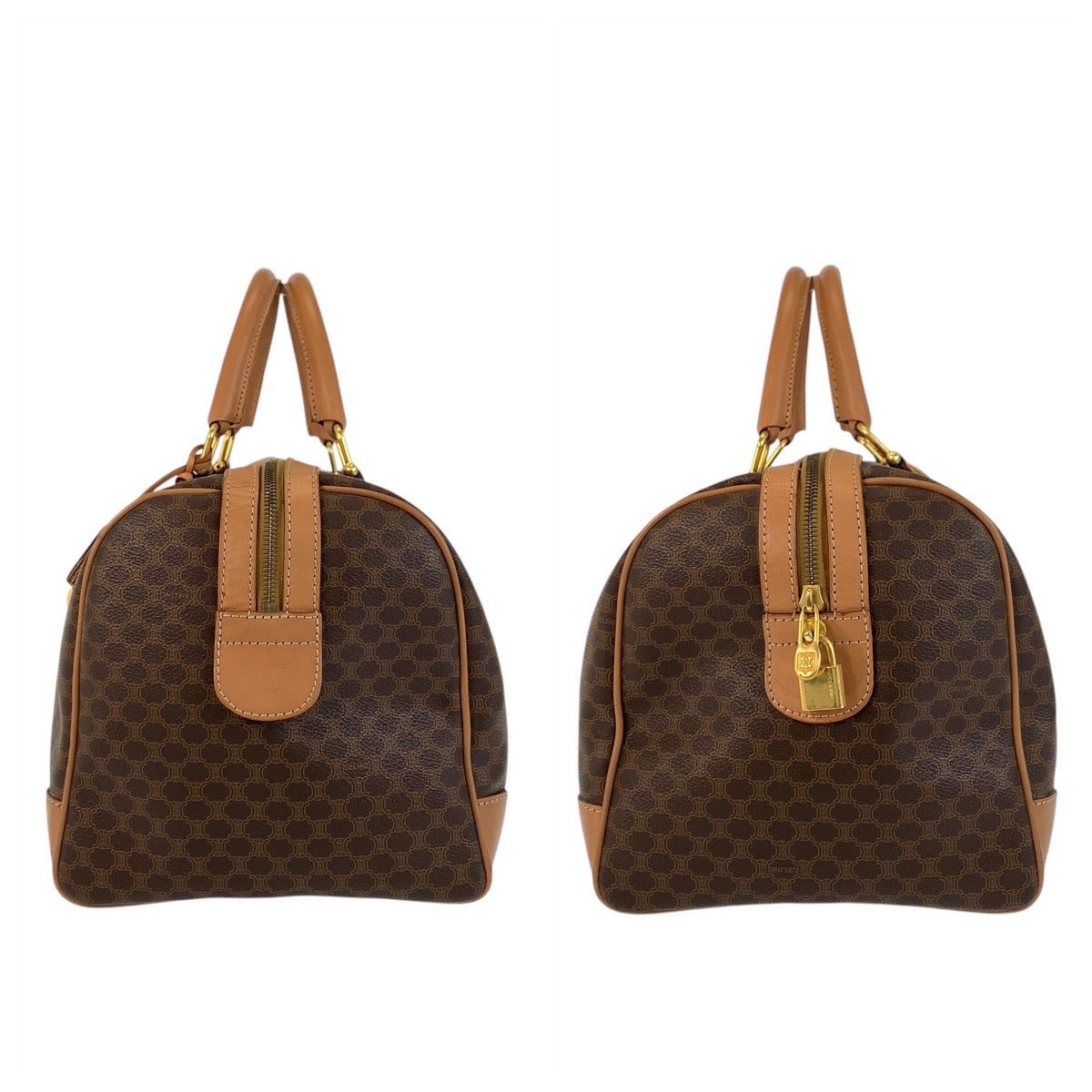 15885
CELINE セリーヌ マカダム ブラウン ゴールド金具 PVC / レザー ボストンバッグ 旅行カバン  レディース
