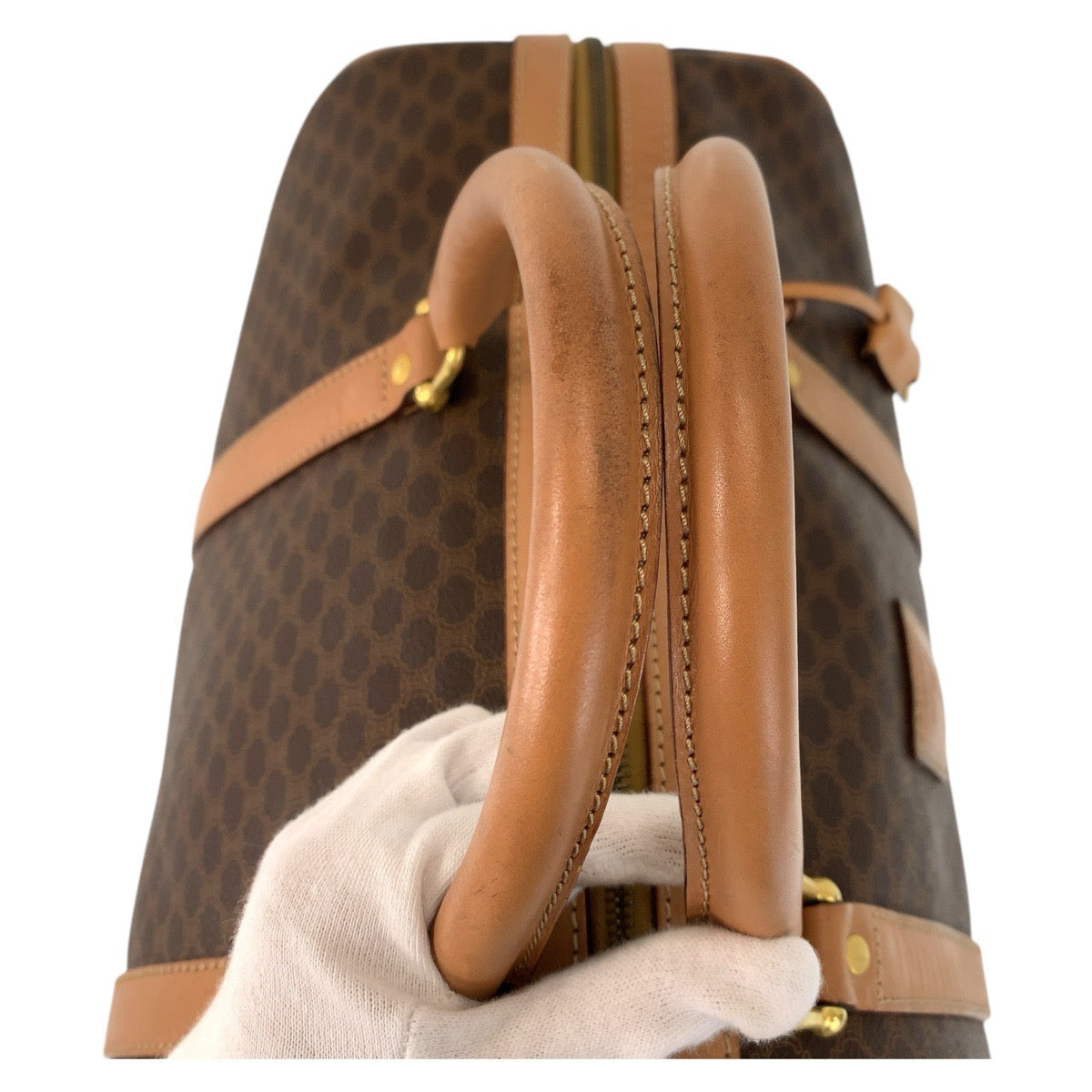 15885
CELINE セリーヌ マカダム ブラウン ゴールド金具 PVC / レザー ボストンバッグ 旅行カバン  レディース