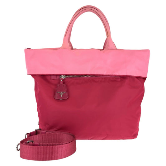 15898
PRADA プラダ テスート 三角ロゴプレート リバーシブル レッド ピンク シルバー金具 ナイロン トートバッグ ショルダーバッグ 2way  レディース AB32