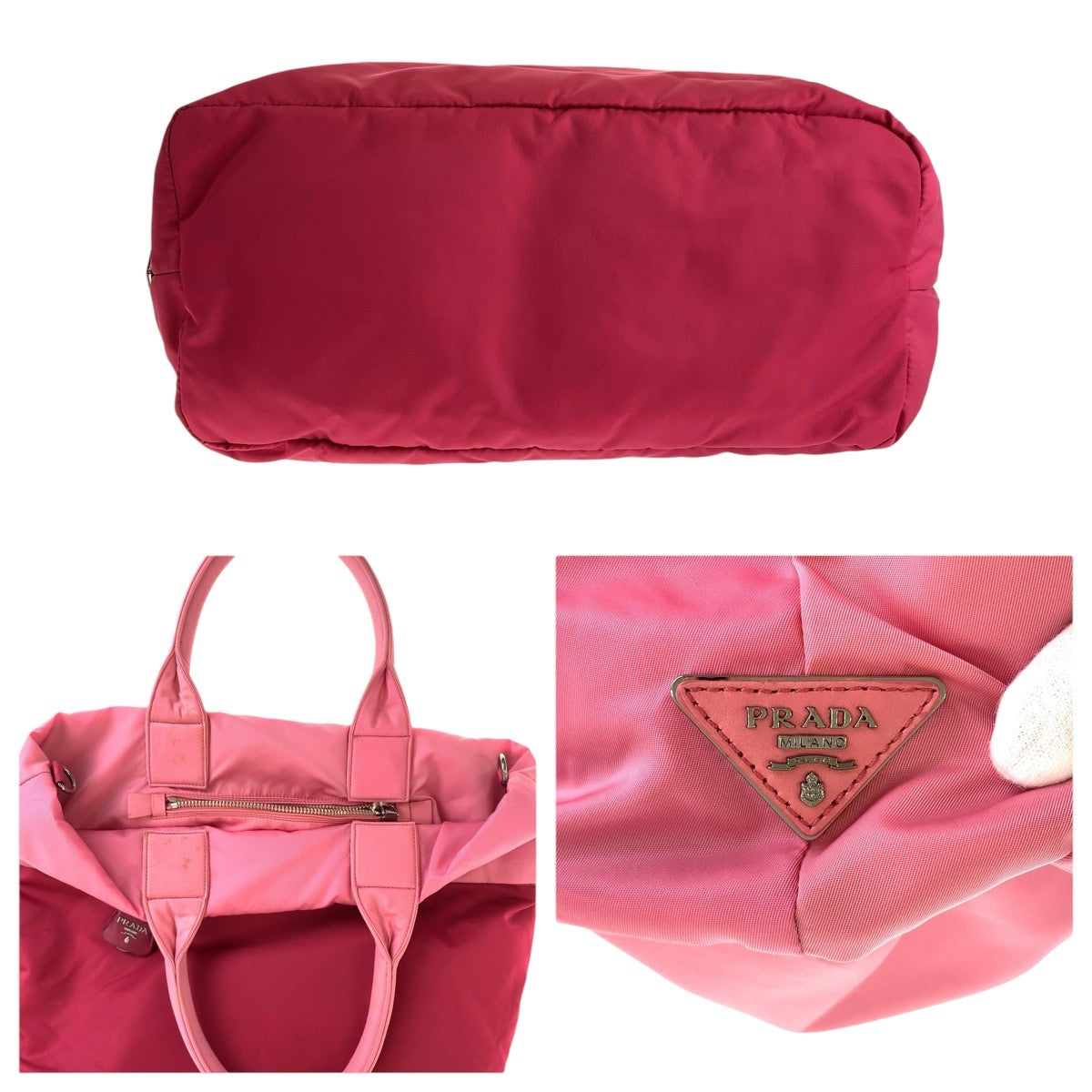 15898
PRADA プラダ テスート 三角ロゴプレート リバーシブル レッド ピンク シルバー金具 ナイロン トートバッグ ショルダーバッグ 2way  レディース AB32