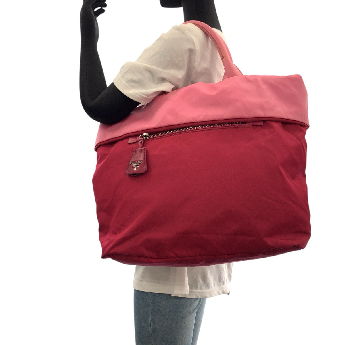 15898
PRADA プラダ テスート 三角ロゴプレート リバーシブル レッド ピンク シルバー金具 ナイロン トートバッグ ショルダーバッグ 2way  レディース AB32