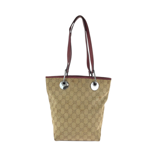 15909
GUCCI グッチ ベージュ レッド シルバー金具 GGキャンバス 120840 トートバッグ ハンドバッグ  レディース AB22
