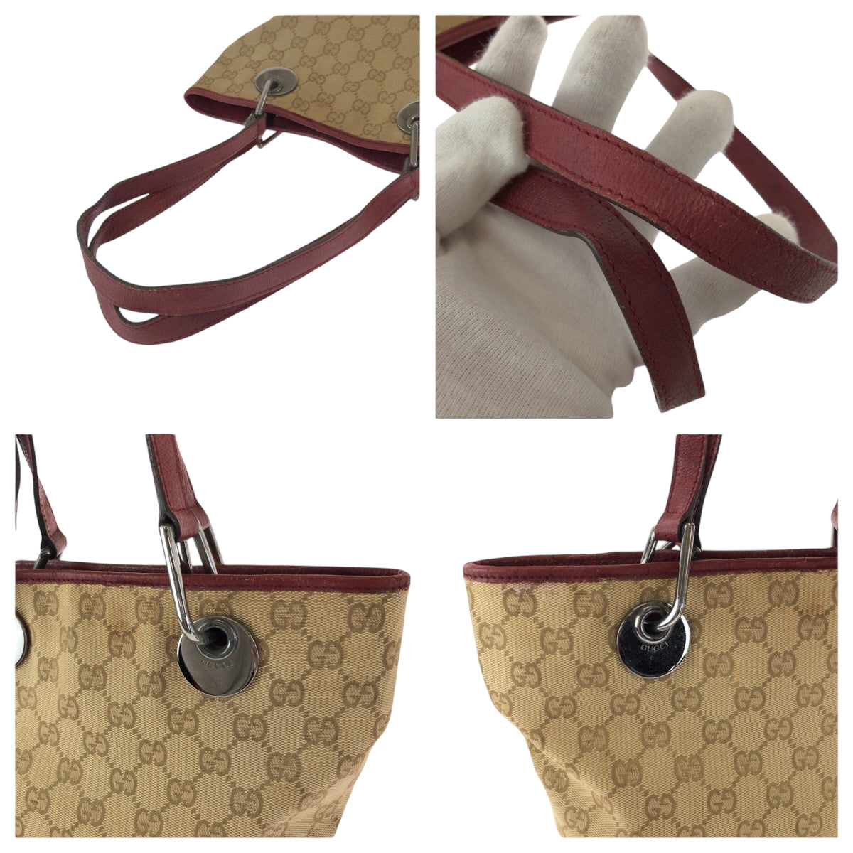 15909
GUCCI グッチ ベージュ レッド シルバー金具 GGキャンバス 120840 トートバッグ ハンドバッグ  レディース AB22